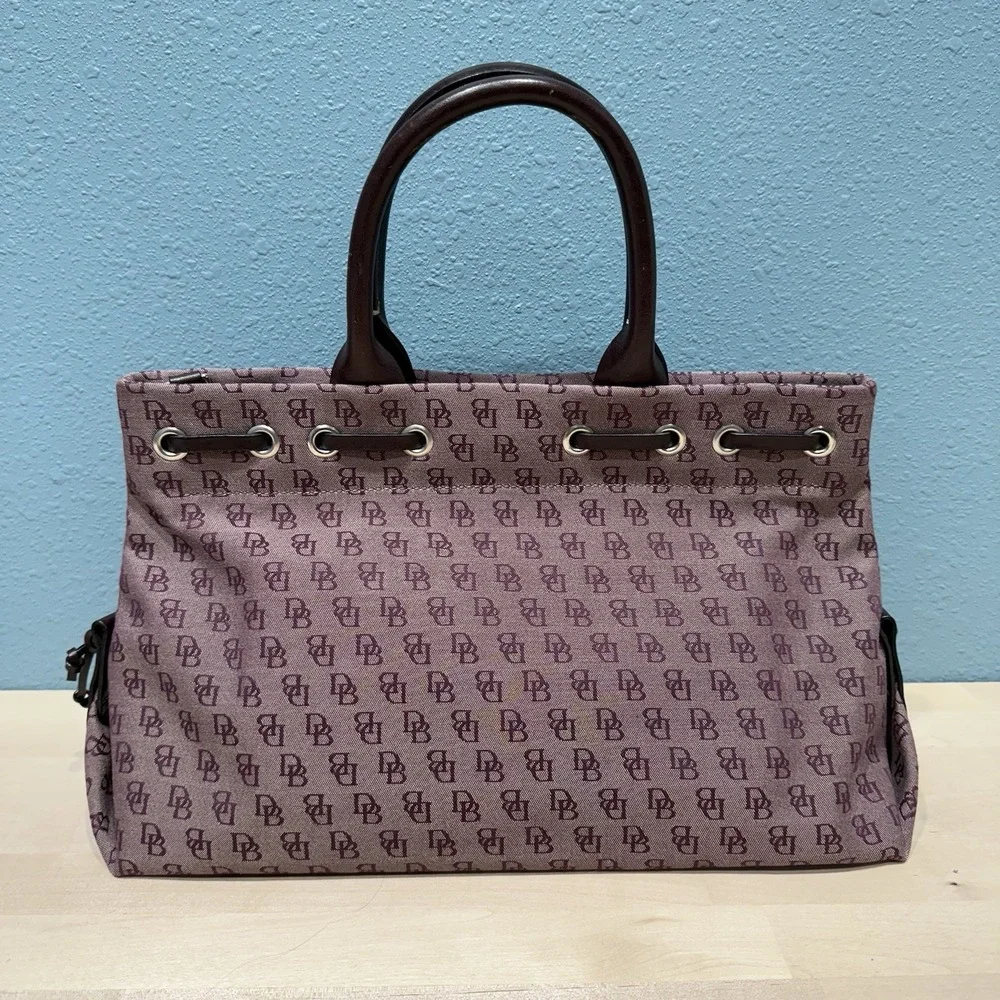 Dooney & Bourke Signature Canvas Satchel Logo Bag Double Leather Handles Tassels